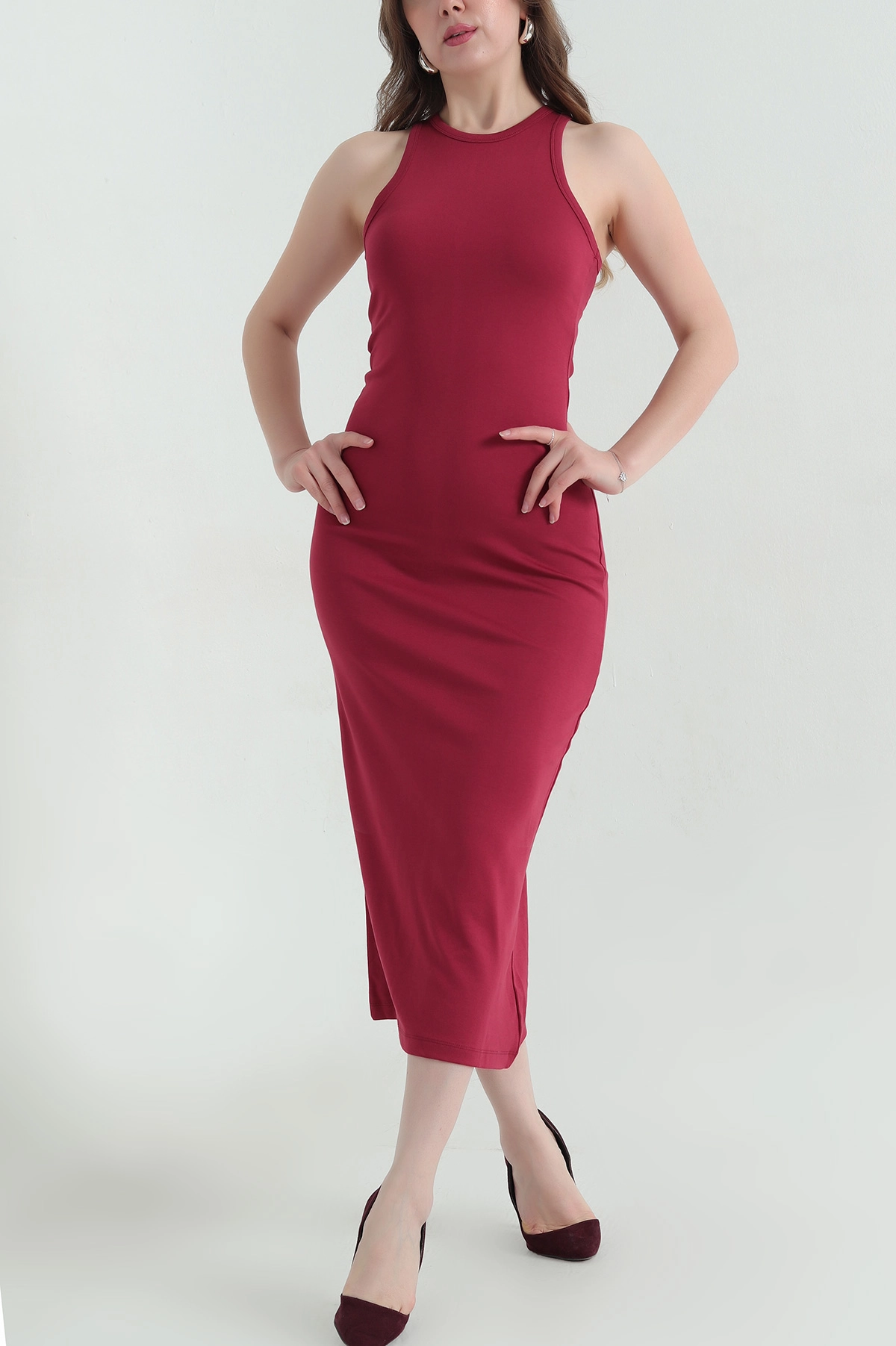 Bordo Yırtmaçlı Askılı Kompak Kadın Elbise 354071